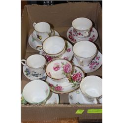 TRAY OF ASSORTED FINE CHINA CUPS & SAUCERS
