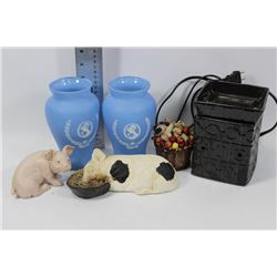 TRAY WITH BLUE VASES, PIG ORNAMENTS & LAMP