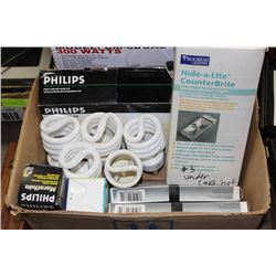 BOX OF VARIOUS LIGHTBULBS & UNDER CABINET LIGHT