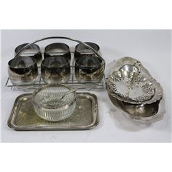 BOX OF ASSORTED SILVER PLATED TRAYS & 6 GLASS SET