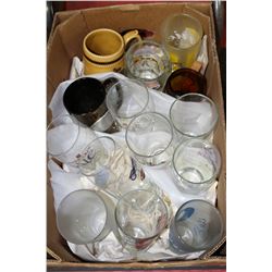 BOX W/BEER STEINS, BEER MUGS AND BEER