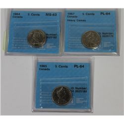 3-1964,65 &67 CANADA 5 CENT COINS
