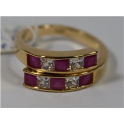 GOLD PLATED .925 SILVER NATURAL RUBY & CZ RING -