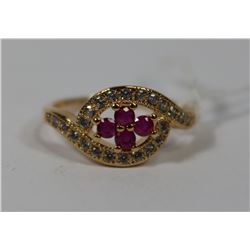 GOLD PLATED .925 SILVER NATURAL RUBY & CZ RING -