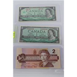 PAGE OF UNCIRCULATED ONE & TWO DOLLAR BILLS