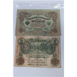 1910 GERMAN 50 MARK & 1905 RUSSIAN 3 RUBLES