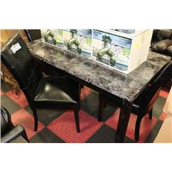 FAUX MARBLE TABLE W 4 BLACK LEATHERETTE CHAIRS
