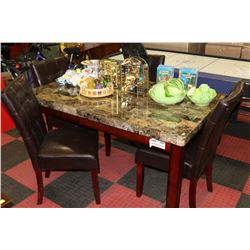 FAUX MARBLE TABLE W 4 BROWN LEATHERETTE SIDECHAIRS