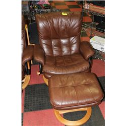 BROWN LEATHER CHAIR & OTTOMAN
