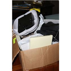 BOX OF MISC INCLUDING PURSES, FOOTWARE, ORNAMENTS