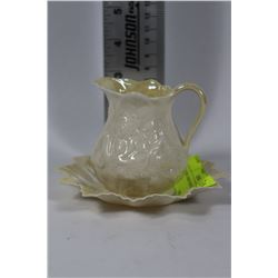 BELLEEK GREEN STAMP CREAMER & TRAY