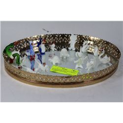 BRASS & GLASS TRAY W/15 WHITE ART GLASS MINIATURES