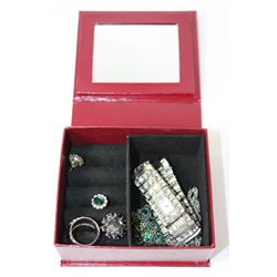 SM BURGUNDY JEWELRY BOX WITH CONTENTS