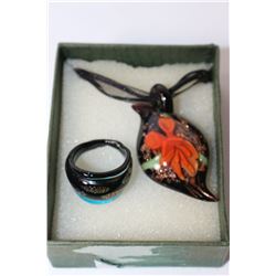 HANDMADE ART GLASS NECKLACE & RING SIZE 7