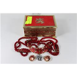 SMALL RED TIN BOX WITH CONTENTS