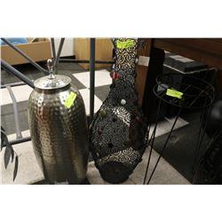 METAL CANISTER SOLD W METAL VASE AND PLANT STAND