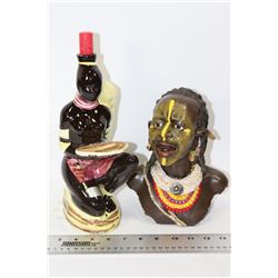 BOX WITH AFRICAN HEAD STATUE AND BOTTLE