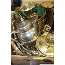 BOX OF BRASS & SILVER PLATE