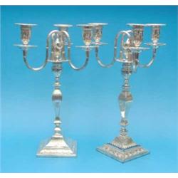 A pair of Adam design plated 3-light candelabra, with reeded branches, squared baluster stems and...