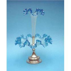 A WMF plated centre piece, with blue tinted frilled glass bowl and central epergne, 15.5 ins....
