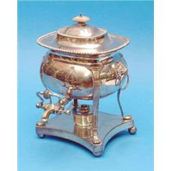 An Old Sheffield plate tea urn, with gadrooned borders, brass tap and warming stand base....