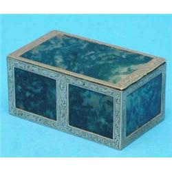 A German .800 standard silver and moss agate casket of rectangular form with scroll engraved moun...