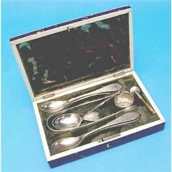 A 19th century Dutch silver tea accessory set, comprising 6 teaspoons, pair of sugar tongs, caddy...