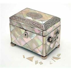 A Victorian mother of pearl and silver mounted casket, rectangular with side handles and bevelled...