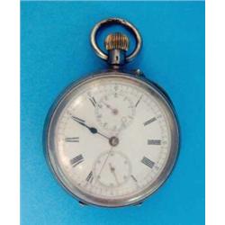 A Swiss silver keyless chronograph with centre seconds and subsidiary dials....