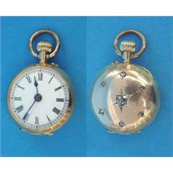 A Swiss rose diamond set gold fob watch with enamelled Roman dial....