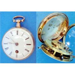 A George III 18ct gold pocket watch with engine turned case, enamelled Roman dial and diamond set...