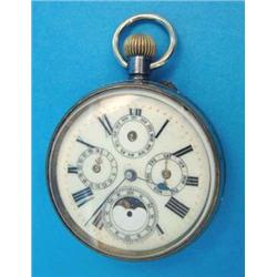 A gun metal keyless pocket watch with calendar and moonphase dials....