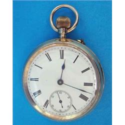 A George V 9ct gold keyless pocket watch, with enamelled Roman dial....