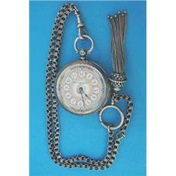 A silver fob watch, with fancy dial and fob chain, cased....