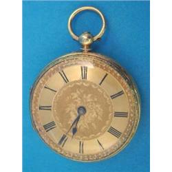 A Victorian 18ct gold key wind pocket watch with floral engraved gilt dial....