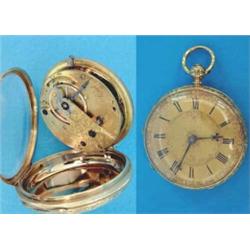 A Victorian 18ct gold keywind fob watch with floral scroll engraved case and gilt dial, movement...