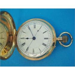 A Victorian 18ct gold keyless hunter chronograph with plain case, enamelled dial with blued steel...