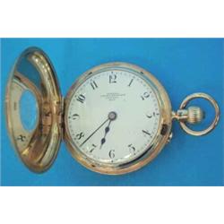 An 18ct gold keyless half hunter fob watch with dial and movement signed Clerke, Royal Exchange,...