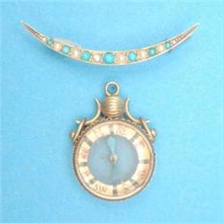 A Victorian 9ct gold crescent brooch, set turquoises and seed pearls, together with a 9ct gold mo...