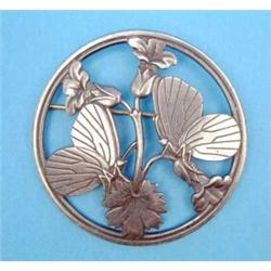 A Georg Jensen .925 standard silver circular brooch, worked butterflies and flowers, pattern 283...