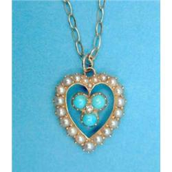 A Victorian gold heart shaped pendant, with central trefoil shaped motif set turquoises and a dia...