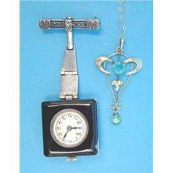 An Art Deco silver, black enamel and marcasite square fob watch, an Edwardian 9ct gold pendant an...