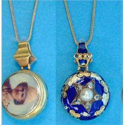 A Victorian gold and blue enamel circular pendant locket, the front with applied star motif set c...