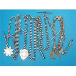 A 9ct gold fancy link albertina, 23.4grms, 2 silver alberts and a plated silver watch chain...