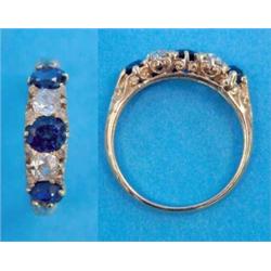 A gold 5-stone sapphire and diamond half hoop ring set three oval sapphires and two old brilliant...