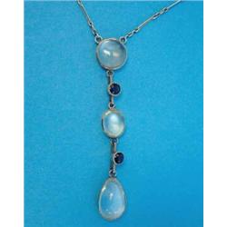 A gold moonstone and sapphire pendant necklace, designed as a 3 moonstone and 2 sapphire set drop...
