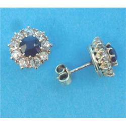 A pair of sapphire and diamond circular cluster earstuds, claw-set in gold...
