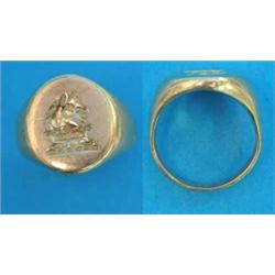 A gentleman's gold signet ring, the plain oval bezel engraved with unicorn crest, 17.4grms...