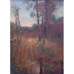 Sir Alfred Munnings (1878-1959) Oil on canvas, Woodland landscape with pond in foreground, Signed...