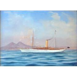 D Simone Gouache, Steam yacht "Ravenska", with Vesuvius beyond, Signed and dated 1911, 16 x 26 in...